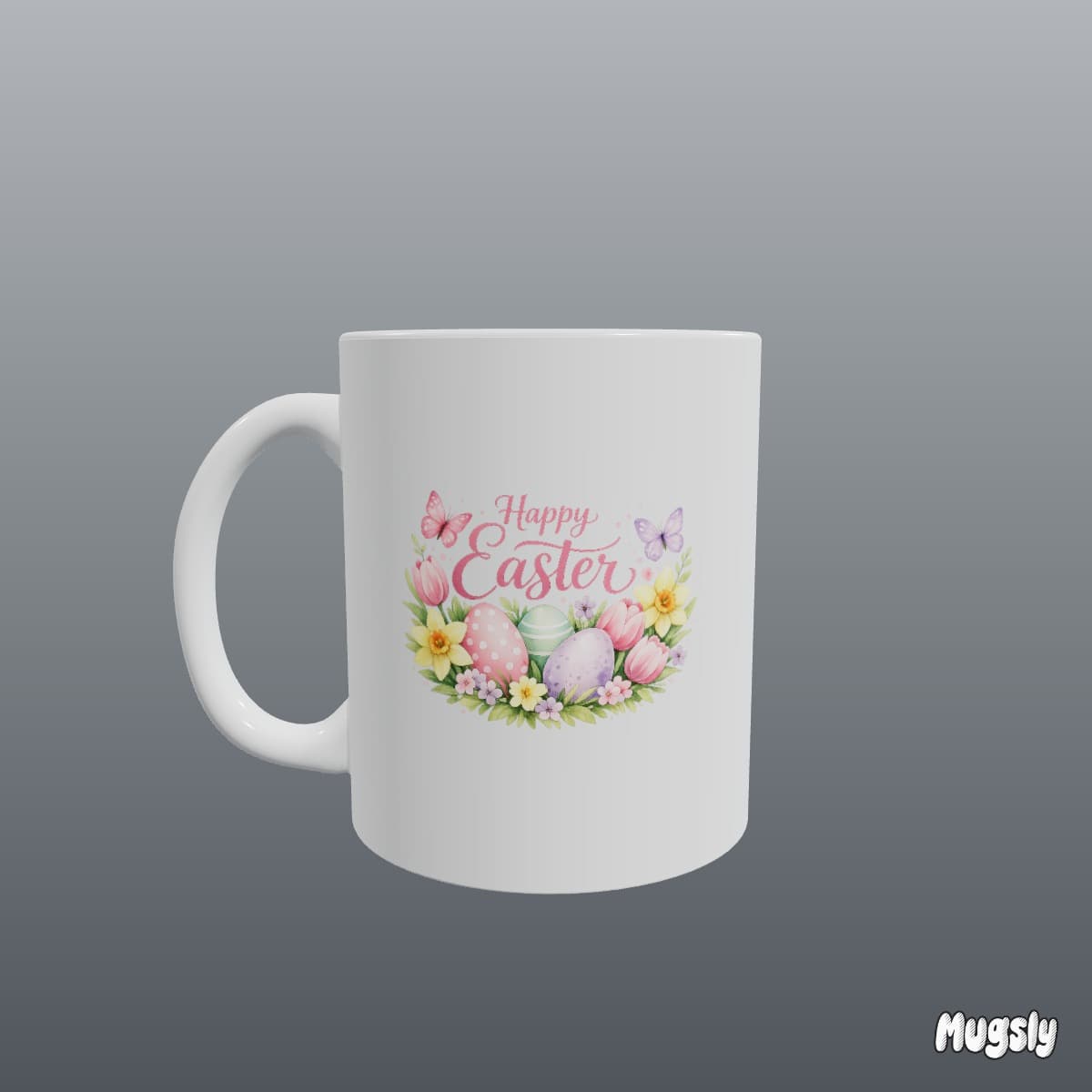 Custom mug with watercolor Easter eggs, spring flowers, and Happy Easter in hand-lettered script