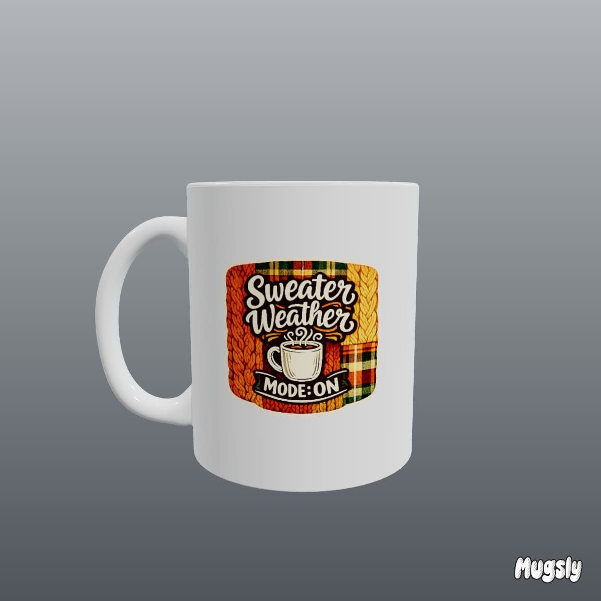 Custom mug with a cozy plaid and cable-knit pattern reading Sweater Weather Mode: On